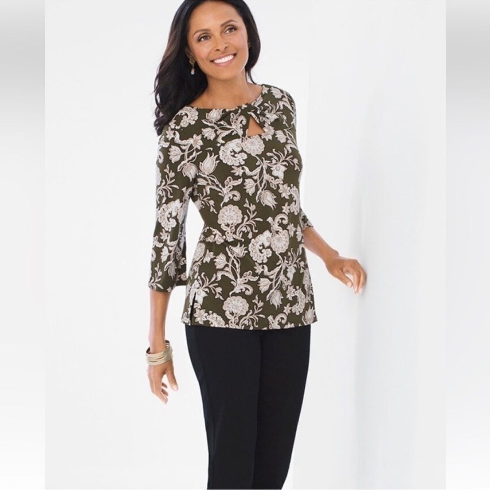 Chico's Olive Green and Cream Floral Tunic Top 2 12 L